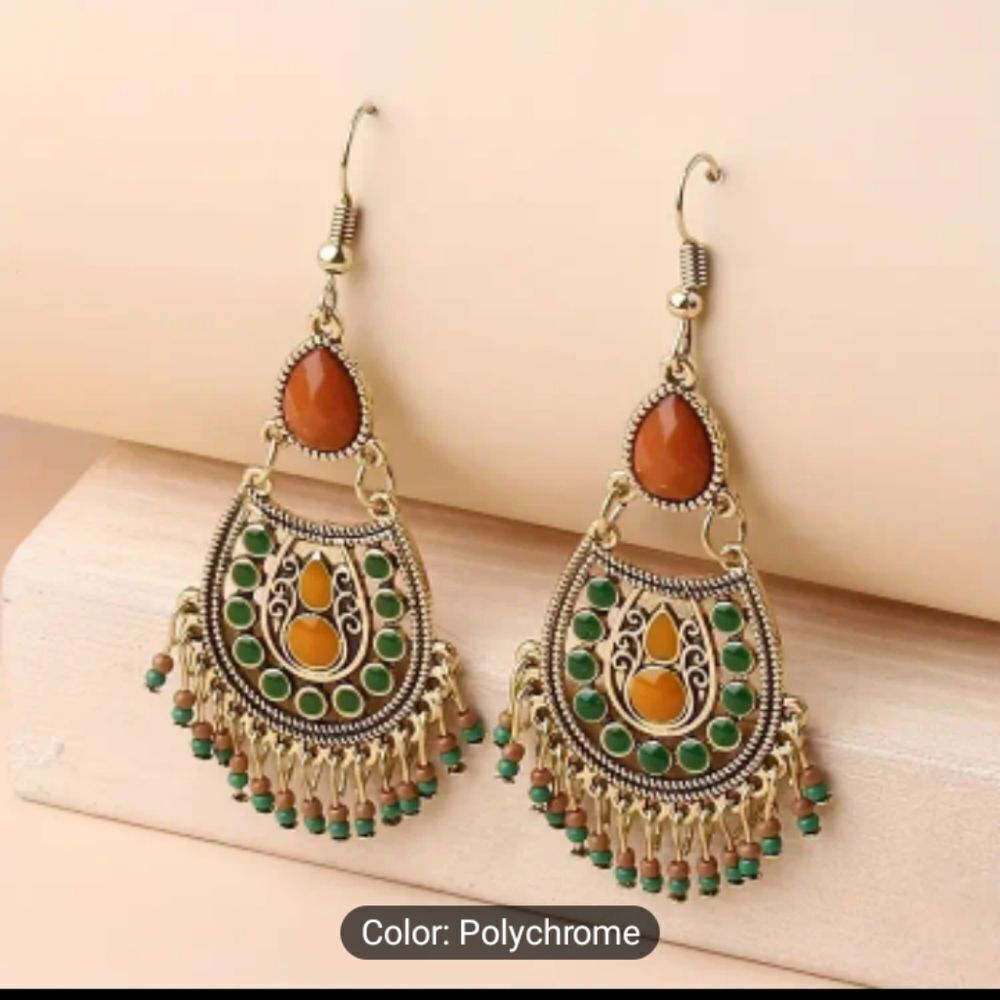 Earrings vintage Beaded geometric Court style dangle new e67 - Picture 2 of 3